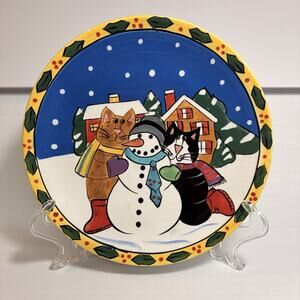 2002 Catzilla Cat Snowman Plate 8" Hand Painted Candace Reiter Christmas Holiday